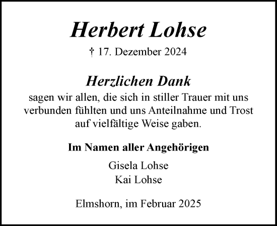Traueranzeige von Herbert Lohse von Elmshorner Nachrichten, Barmstedter Zeitung