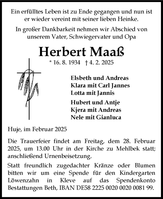 Traueranzeige von Herbert Maaß von Norddeutsche Rundschau, Wilstersche Zeitung, Glückstädter Fortuna