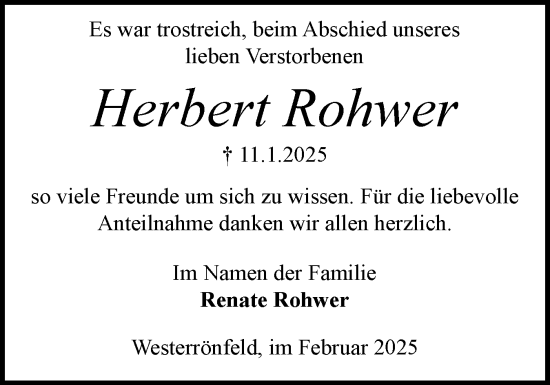 Traueranzeige von Herbert Rohwer von Schleswig-Holsteinische Landeszeitung