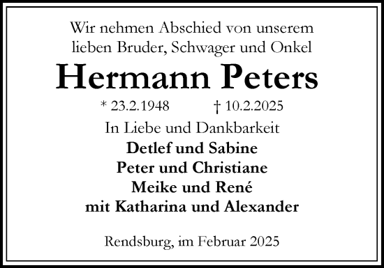 Traueranzeige von Hermann Peters von Schleswig-Holsteinische Landeszeitung