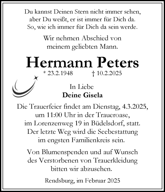 Traueranzeige von Hermann Peters von Schleswig-Holsteinische Landeszeitung
