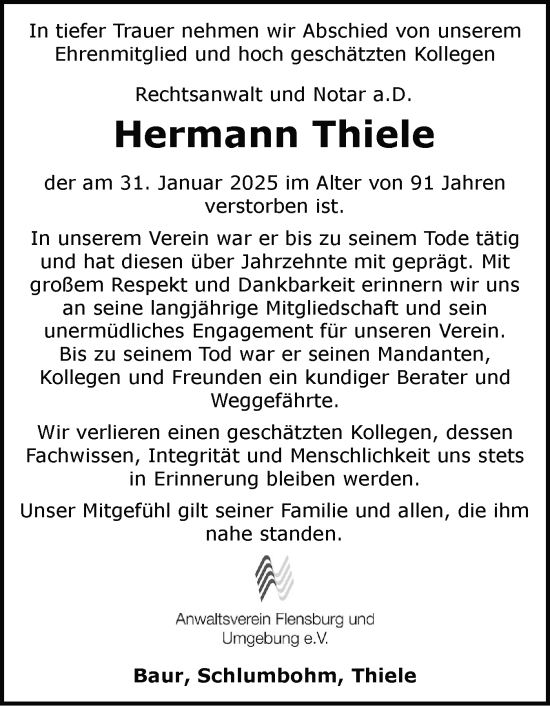 Traueranzeige von Hermann Thiele von Flensburger Tageblatt
