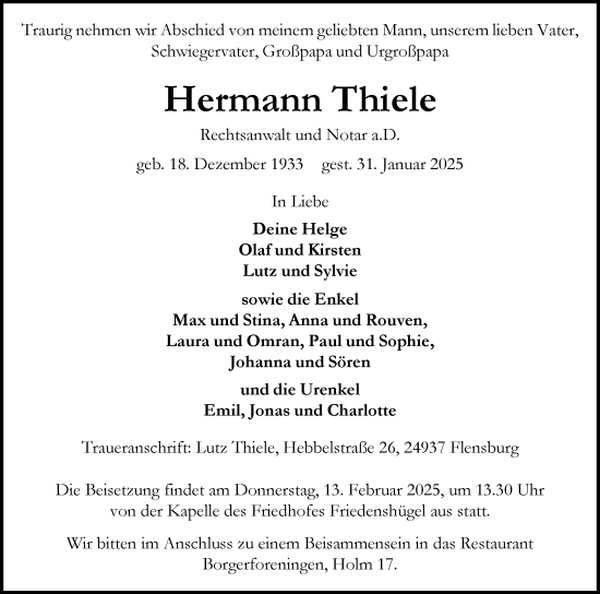 Traueranzeige von Hermann Thiele von Flensburger Tageblatt