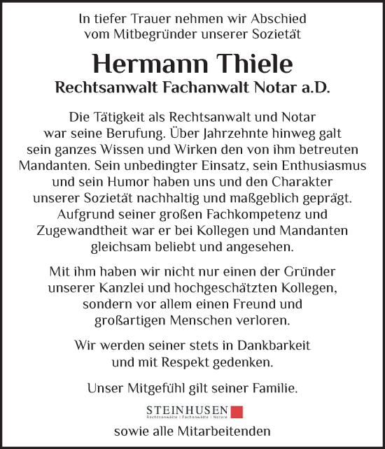 Traueranzeige von Hermann Thiele von Flensburger Tageblatt