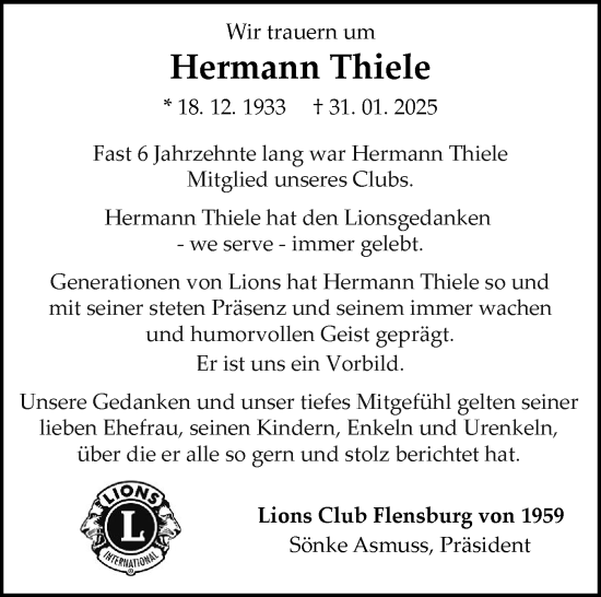Traueranzeige von Hermann Thiele von Flensburger Tageblatt