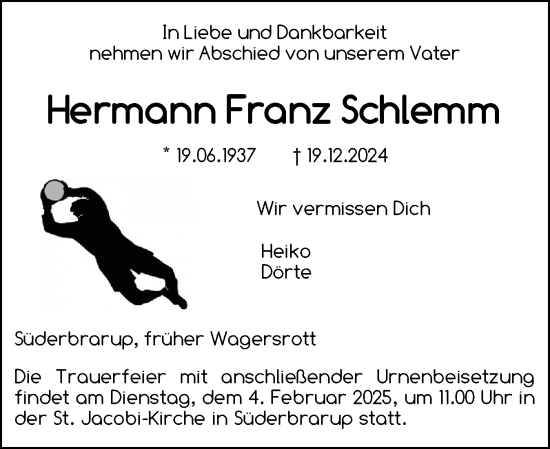 Traueranzeige von Hermann Franz Schlemm von Schleswiger Nachrichten, Schlei-Bote