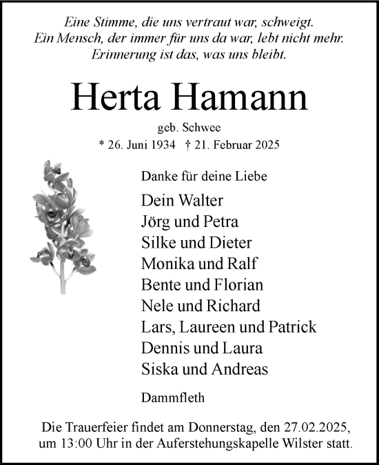 Traueranzeige von Herta Hamann von Norddeutsche Rundschau, Wilstersche Zeitung, Glückstädter Fortuna