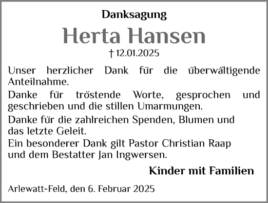 Traueranzeige von Herta  Hansen von Husumer Nachrichten, Nordfriesland Tageblatt