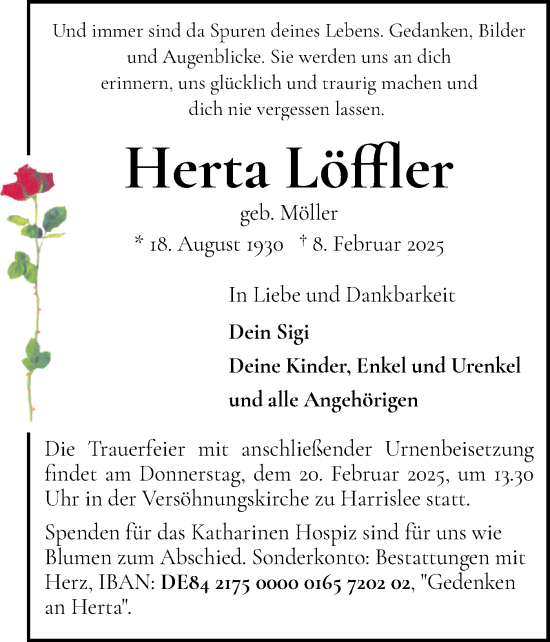 Traueranzeige von Herta Löffler von Flensburger Tageblatt