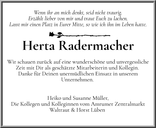 Traueranzeige von Herta Radermacher von Der Insel-Bote