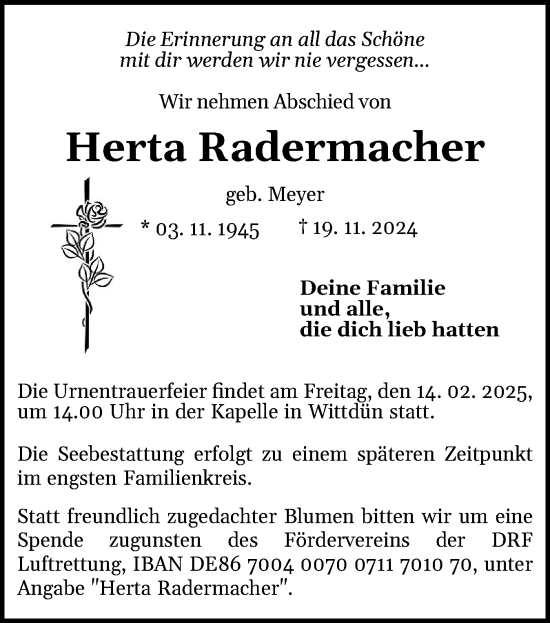 Traueranzeige von Herta Radermacher von Der Insel-Bote