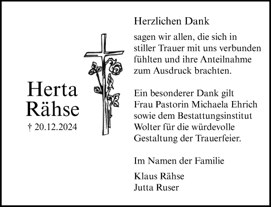 Traueranzeige von Herta Rähse von MARKT Ratzeburg/Mölln