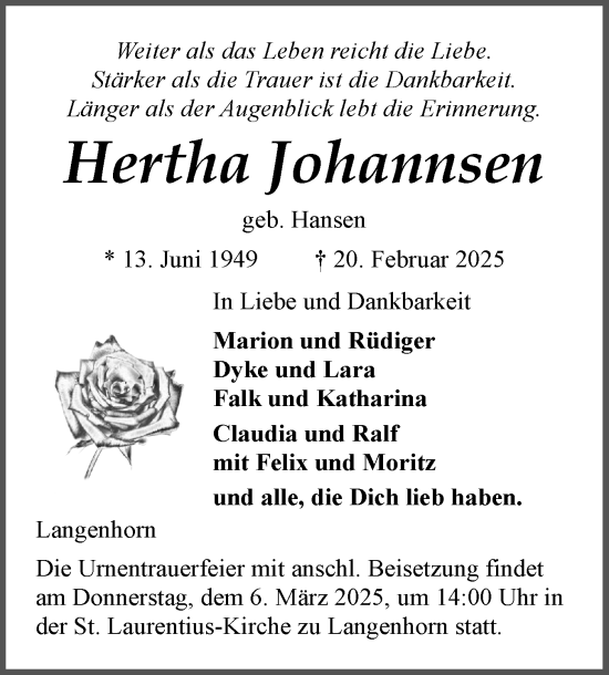 Traueranzeige von Hertha Johannsen von Husumer Nachrichten, Nordfriesland Tageblatt