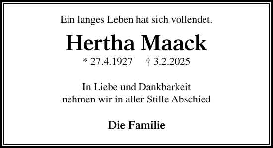 Traueranzeige von Hertha Maack von MARKT Ratzeburg/Mölln