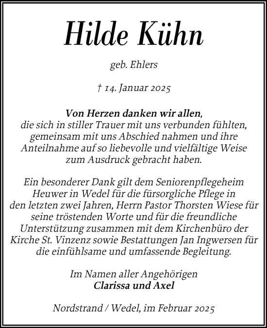 Traueranzeige von Hilde Kühn von Husumer Nachrichten, Nordfriesland Tageblatt
