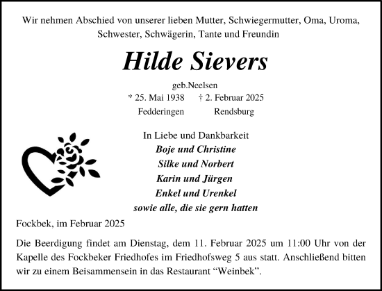 Traueranzeige von Hilde Sievers von Schleswig-Holsteinische Landeszeitung