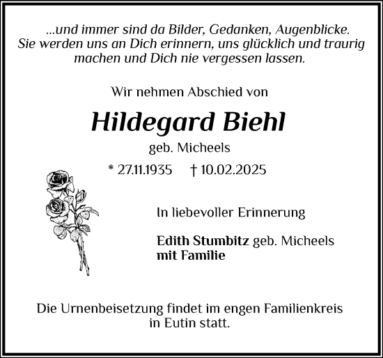 Traueranzeige von Hildegard Biehl von Ostholsteiner Anzeiger