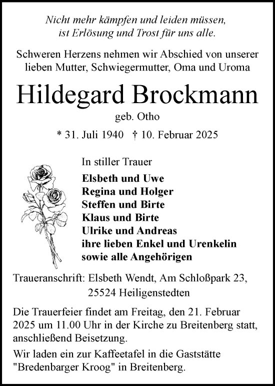 Traueranzeige von Hildegard Brockmann von Norddeutsche Rundschau, Wilstersche Zeitung, Glückstädter Fortuna