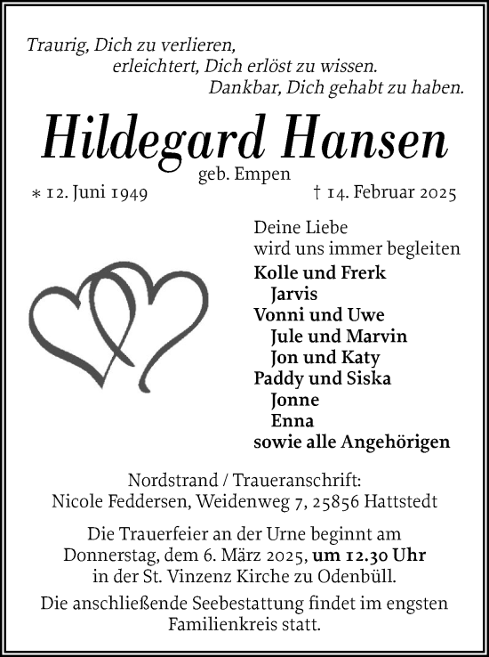 Traueranzeige von Hildegard Hansen von Husumer Nachrichten, Nordfriesland Tageblatt