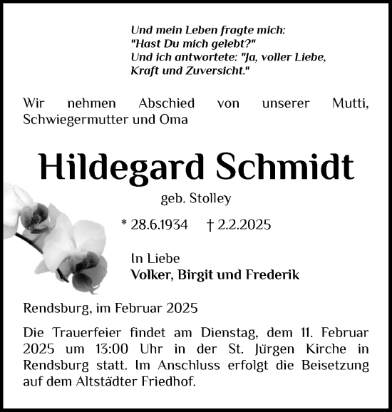 Traueranzeige von Hildegard Schmidt von Schleswig-Holsteinische Landeszeitung