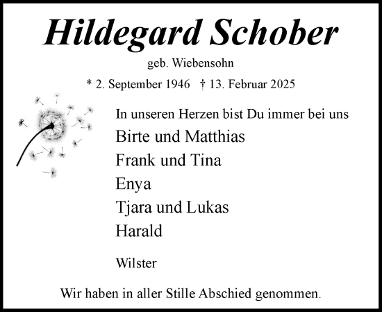 Traueranzeige von Hildegard Schober von Norddeutsche Rundschau, Wilstersche Zeitung, Glückstädter Fortuna