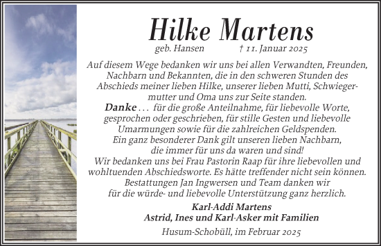 Traueranzeige von Hilke Martens von Husumer Nachrichten, Nordfriesland Tageblatt