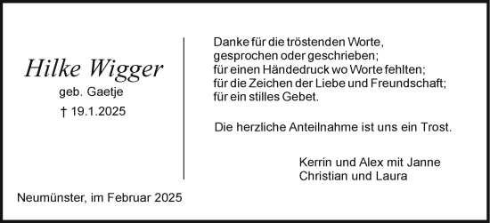 Traueranzeige von Hilke Wigger von Holsteinischer Courier