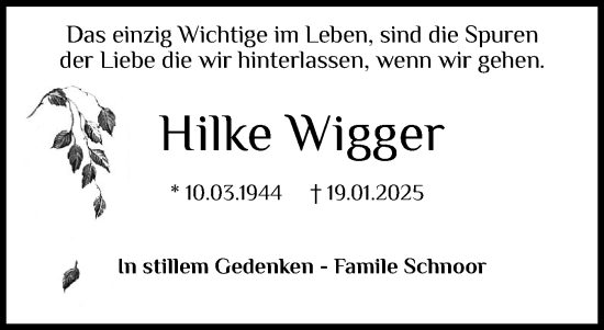 Traueranzeige von Hilke Wigger von Holsteinischer Courier