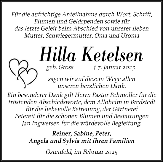 Traueranzeige von Hilla Ketelsen von Husumer Nachrichten, Nordfriesland Tageblatt