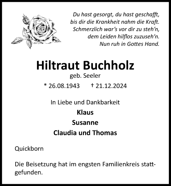 Traueranzeige von Hiltraut Buchholz von Umschau