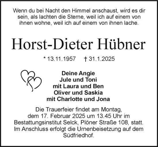 Traueranzeige von Horst-Dieter Hübner von Holsteinischer Courier
