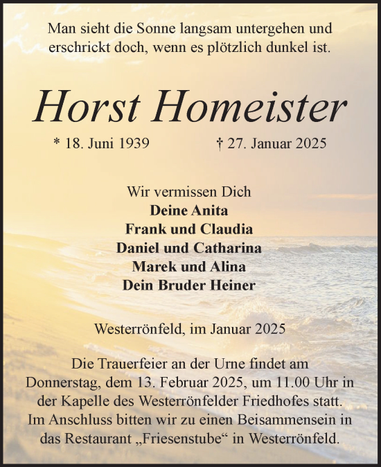 Traueranzeige von Horst Homeister von Schleswig-Holsteinische Landeszeitung