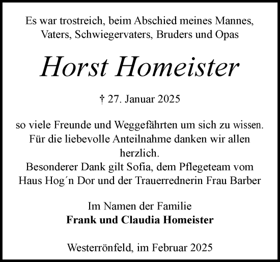 Traueranzeige von Horst Homeister von Schleswig-Holsteinische Landeszeitung
