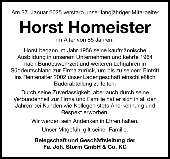 Traueranzeige von Horst Homeister von Schleswig-Holsteinische Landeszeitung