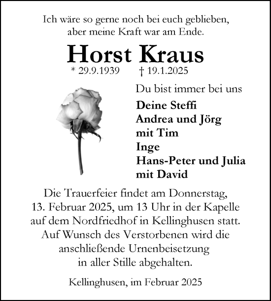 Traueranzeige von Horst Kraus von Norddeutsche Rundschau, Wilstersche Zeitung, Glückstädter Fortuna