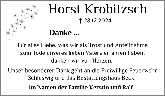Traueranzeige von Horst Krobitzsch von Schleswiger Nachrichten, Schlei-Bote