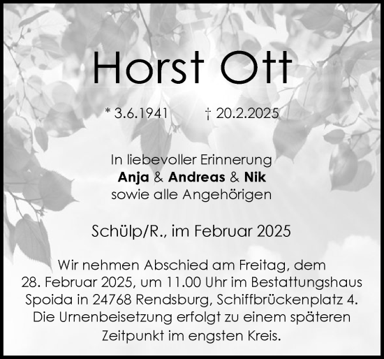 Traueranzeige von Horst Ott von Schleswig-Holsteinische Landeszeitung