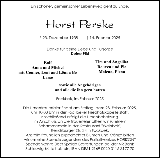 Traueranzeige von Horst Perske von Schleswig-Holsteinische Landeszeitung