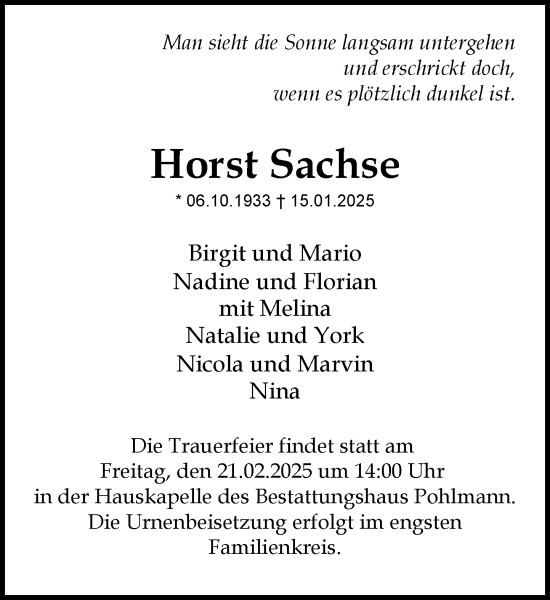 Traueranzeige von Horst Sachse von Heimatspiegel