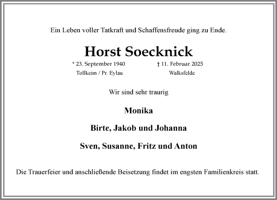 Traueranzeige von Horst Soecknick von MARKT Ratzeburg/Mölln