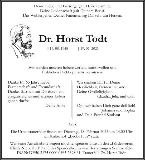 Traueranzeige von Horst Todt von Husumer Nachrichten, Nordfriesland Tageblatt