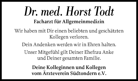 Traueranzeige von Horst Todt von Husumer Nachrichten, Nordfriesland Tageblatt