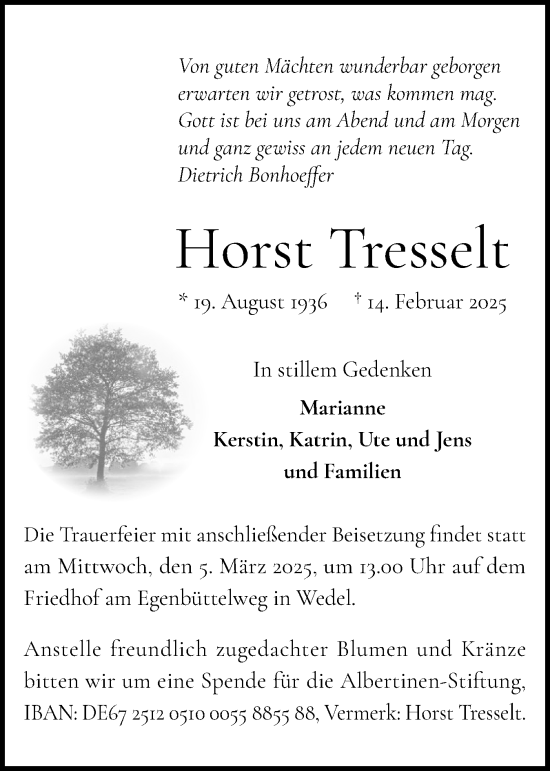 Traueranzeige von Horst Tresselt von Wedel-Schulauer Tageblatt, tip Wedel-Schulauer Tageblatt, tip Rissener Rundschau