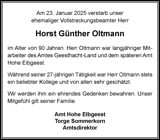 Traueranzeige von Horst Günther Oltmann von Wochenend Anzeiger