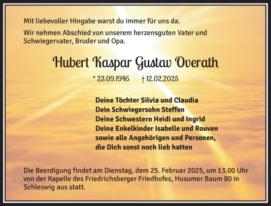 Traueranzeige von Hubert Kaspar Gustav Overath von Holsteinischer Courier