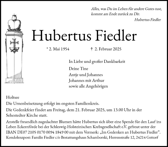 Traueranzeige von Hubertus Fiedler von Eckernförder Zeitung, Hallo Eckernförde