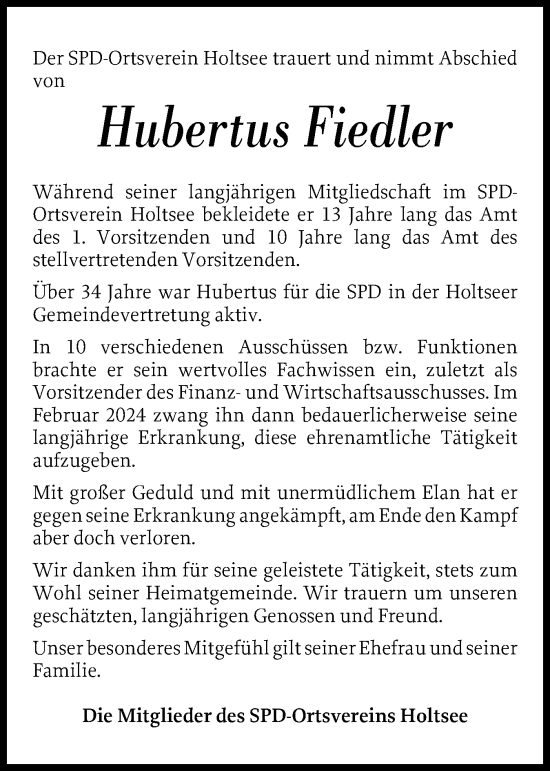 Traueranzeige von Hubertus Fiedler von Eckernförder Zeitung, Hallo Eckernförde