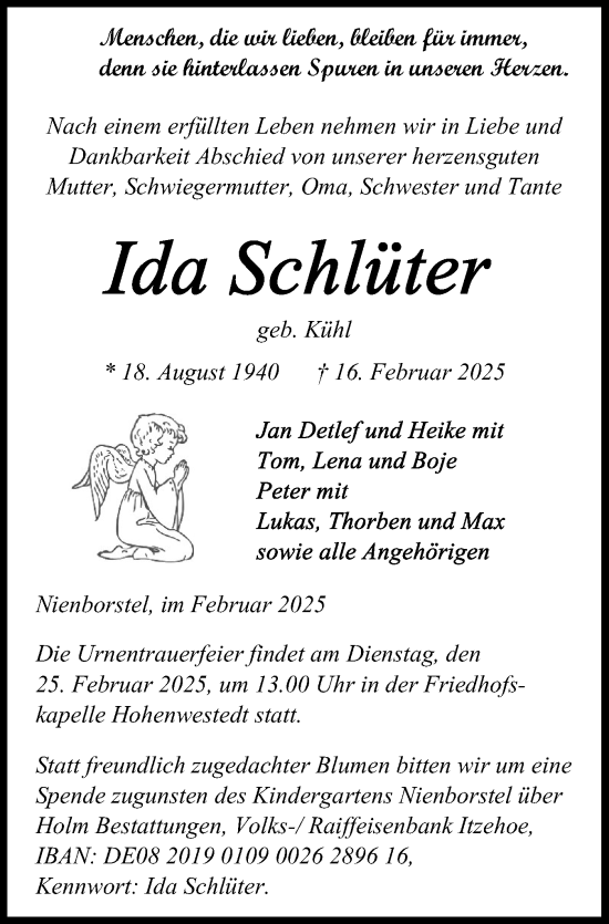 Traueranzeige von Ida Schlüter von Schleswig-Holsteinische Landeszeitung