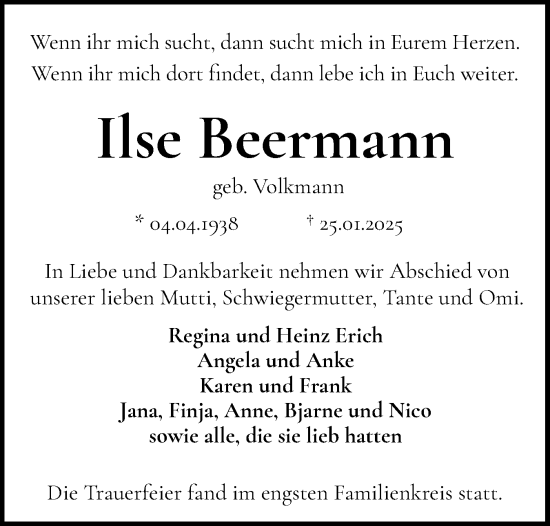 Traueranzeige von Ilse Beermann von Norddeutsche Rundschau, Wilstersche Zeitung, Glückstädter Fortuna