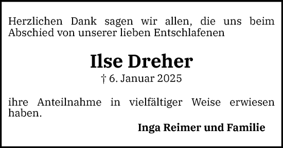 Traueranzeige von Ilse Dreher von Norddeutsche Rundschau, Wilstersche Zeitung, Glückstädter Fortuna